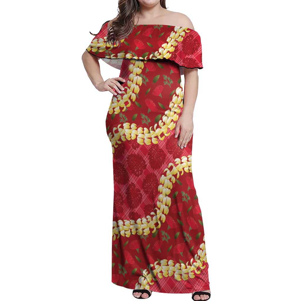 Red Palaka Hawaii Mele Kalikimaka Off Shoulder Maxi Dress Ohia Lehua Monstera Puakenikeni Lei - Polynesian Pride