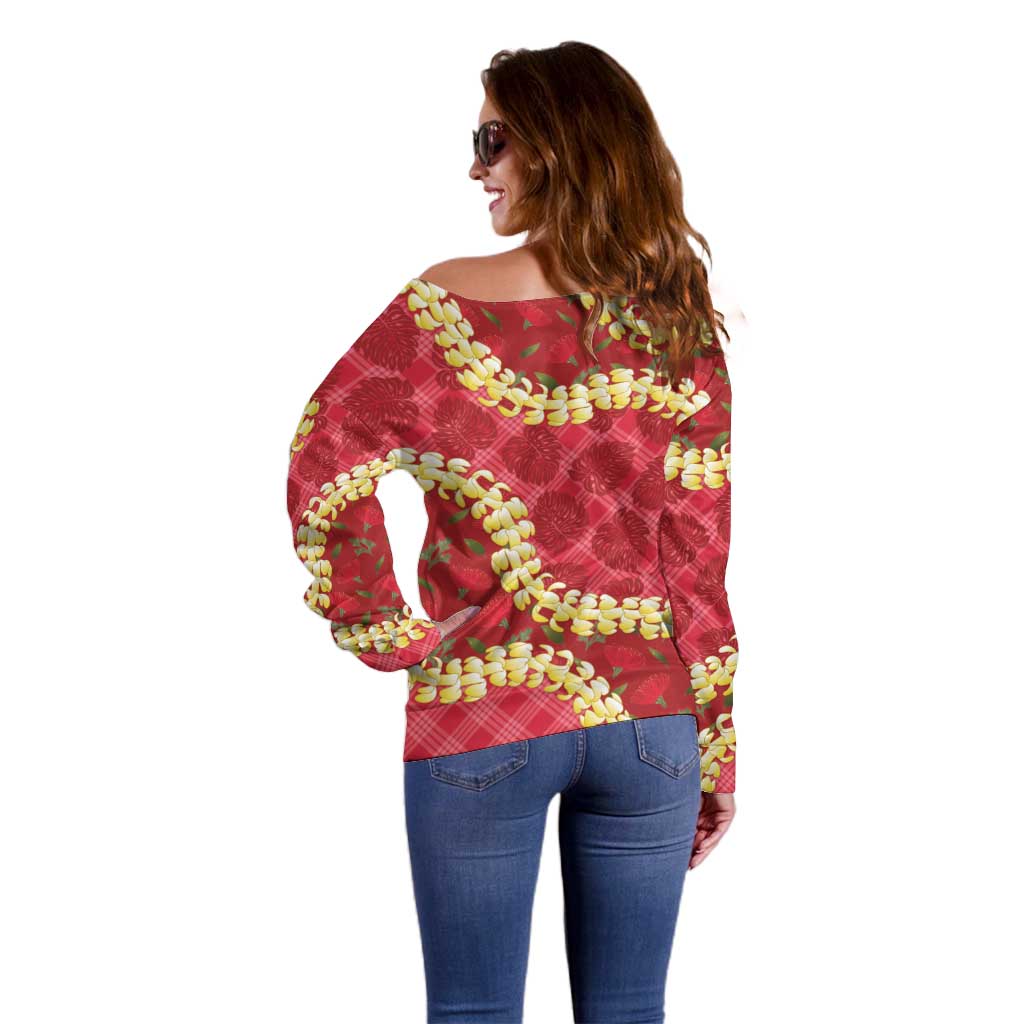Red Palaka Hawaii Mele Kalikimaka Off Shoulder Sweater Ohia Lehua Monstera Puakenikeni Lei - Polynesian Pride