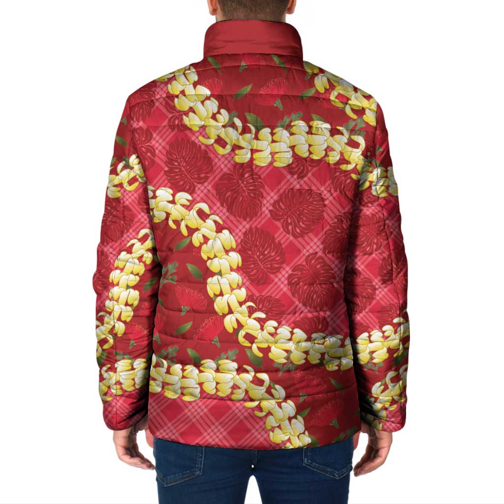 Red Palaka Hawaii Mele Kalikimaka Padded Jacket Ohia Lehua Monstera Puakenikeni Lei - Polynesian Pride