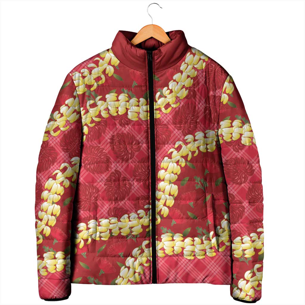Red Palaka Hawaii Mele Kalikimaka Padded Jacket Ohia Lehua Monstera Puakenikeni Lei - Polynesian Pride