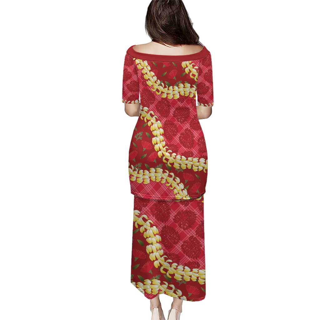 Red Palaka Hawaii Mele Kalikimaka Puletasi Ohia Lehua Monstera Puakenikeni Lei - Polynesian Pride