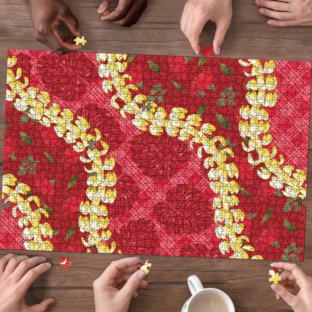 Red Palaka Hawaii Mele Kalikimaka Puzzle Ohia Lehua Monstera Puakenikeni Lei - Polynesian Pride