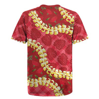 Red Palaka Hawaii Mele Kalikimaka Rugby Jersey Ohia Lehua Monstera Puakenikeni Lei - Polynesian Pride