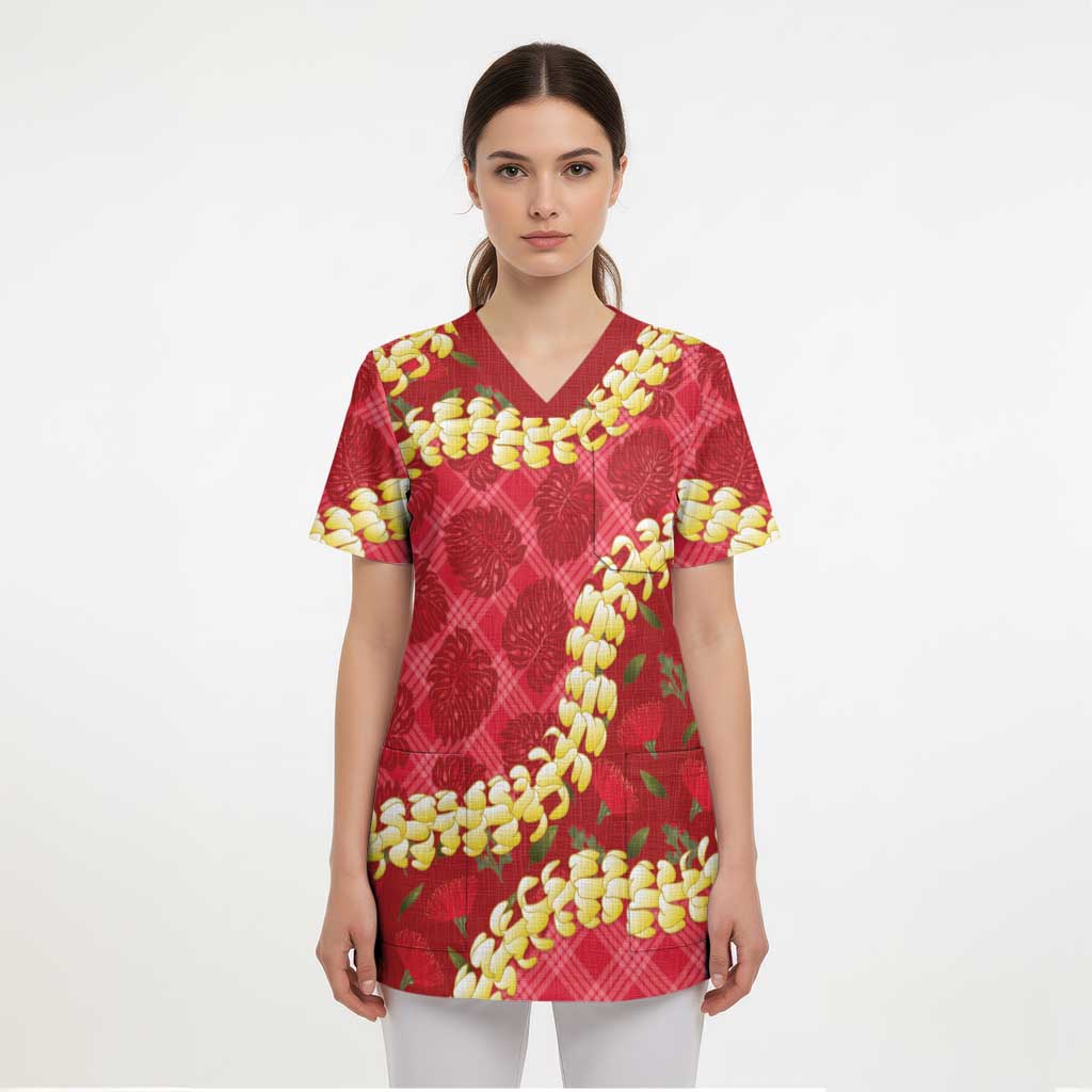 Red Palaka Hawaii Mele Kalikimaka Scrub Top Ohia Lehua Monstera Puakenikeni Lei - Polynesian Pride