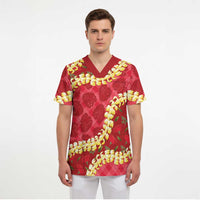 Red Palaka Hawaii Mele Kalikimaka Scrub Top Ohia Lehua Monstera Puakenikeni Lei - Polynesian Pride