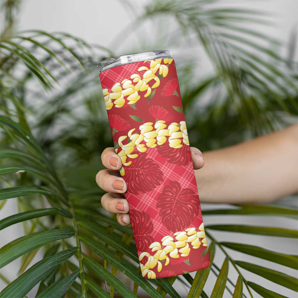 Red Palaka Hawaii Mele Kalikimaka Skinny Tumbler Ohia Lehua Monstera Puakenikeni Lei - Polynesian Pride