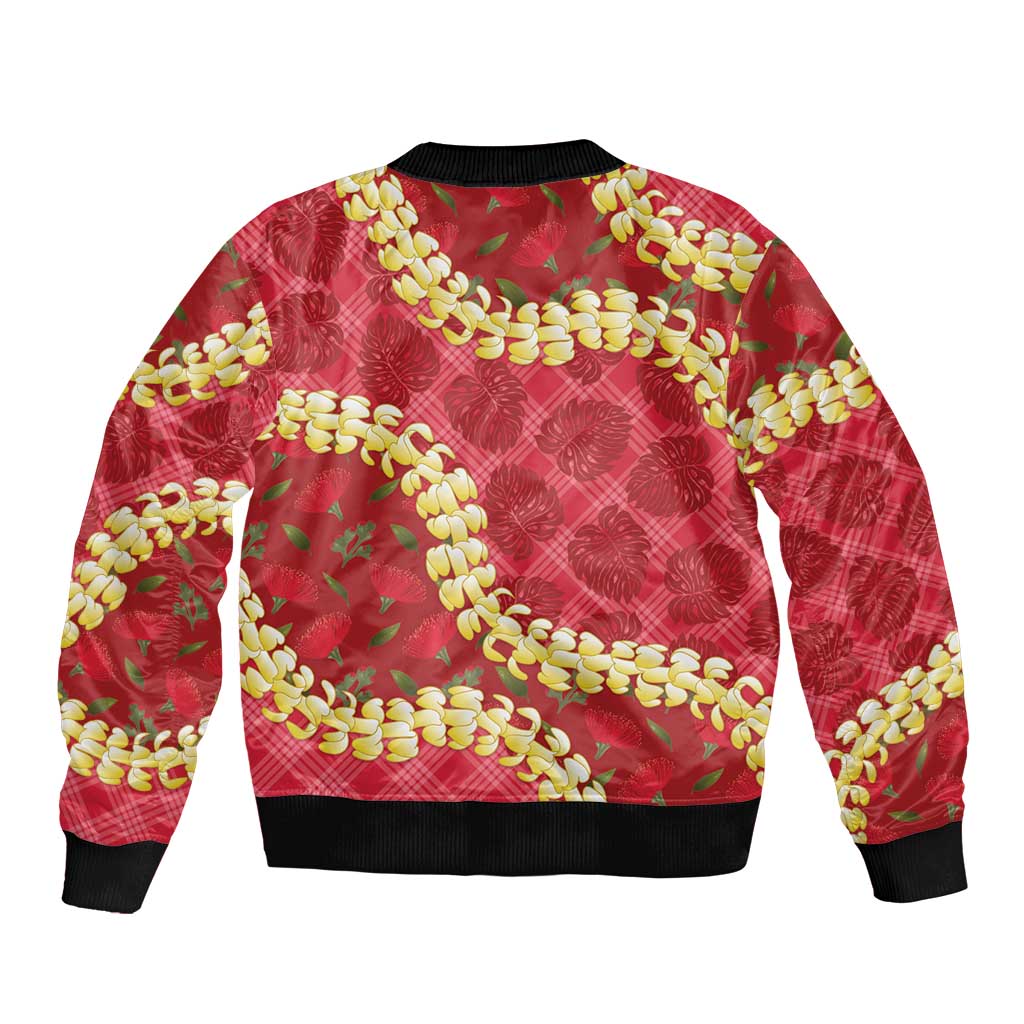 Red Palaka Hawaii Mele Kalikimaka Sleeve Zip Bomber Jacket Ohia Lehua Monstera Puakenikeni Lei - Polynesian Pride