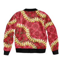 Red Palaka Hawaii Mele Kalikimaka Sleeve Zip Bomber Jacket Ohia Lehua Monstera Puakenikeni Lei - Polynesian Pride