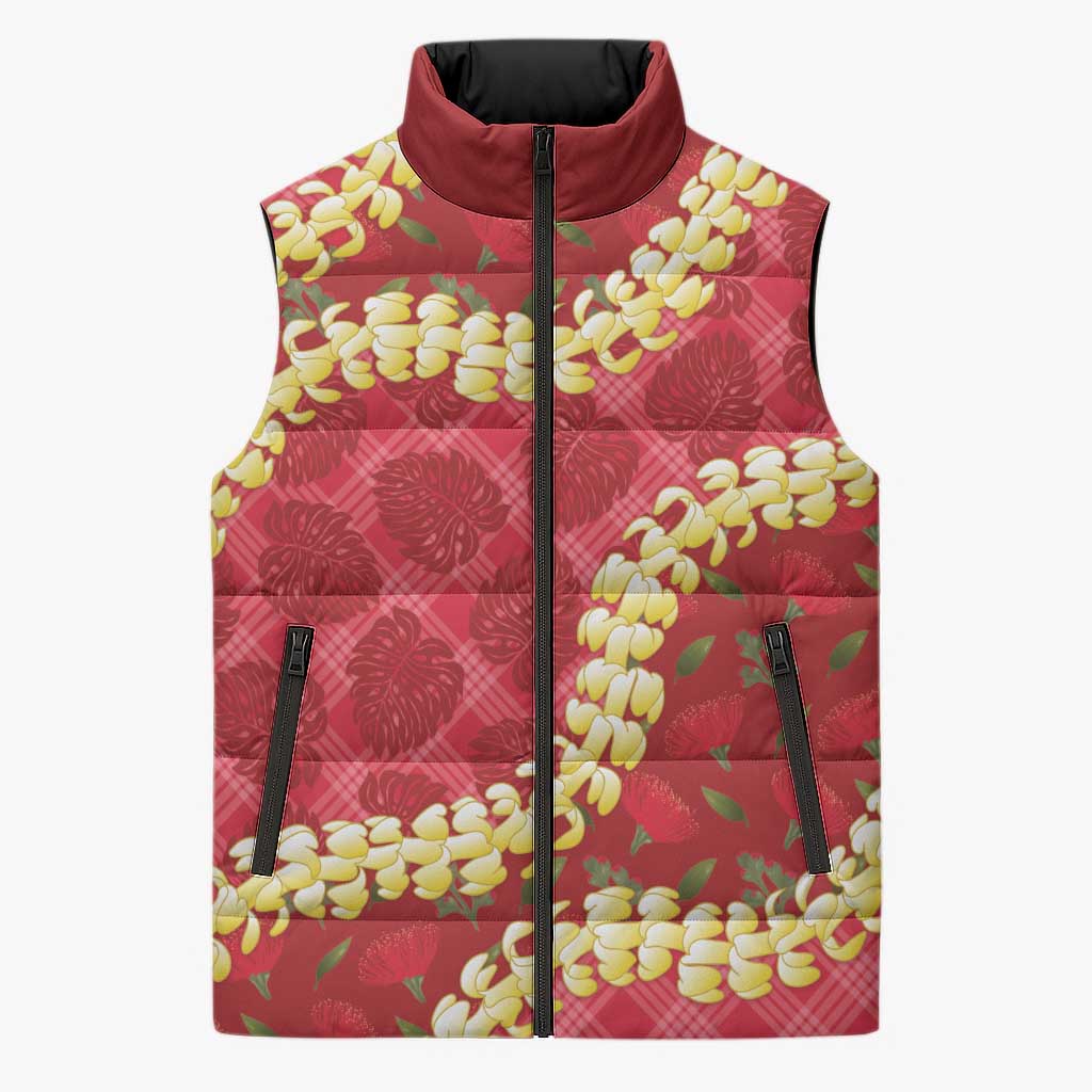 Red Palaka Hawaii Mele Kalikimaka Sleeveless Puffer Jacket Ohia Lehua Monstera Puakenikeni Lei - Polynesian Pride