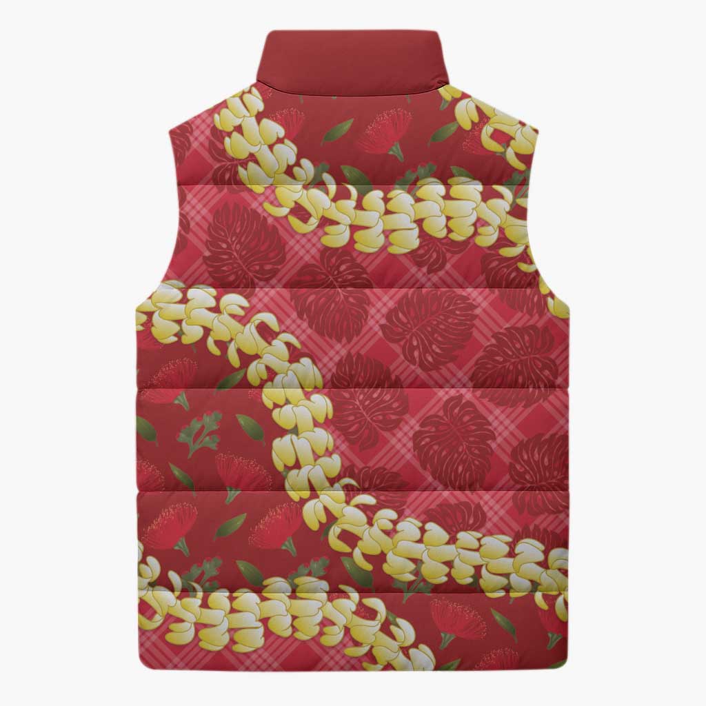 Red Palaka Hawaii Mele Kalikimaka Sleeveless Puffer Jacket Ohia Lehua Monstera Puakenikeni Lei - Polynesian Pride