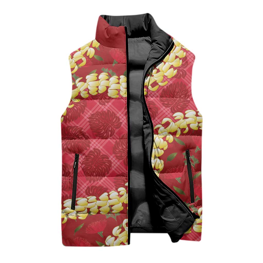 Red Palaka Hawaii Mele Kalikimaka Sleeveless Puffer Jacket Ohia Lehua Monstera Puakenikeni Lei - Polynesian Pride
