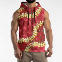 Red Palaka Hawaii Mele Kalikimaka Sleeveless Zip Hoodie Ohia Lehua Monstera Puakenikeni Lei - Polynesian Pride