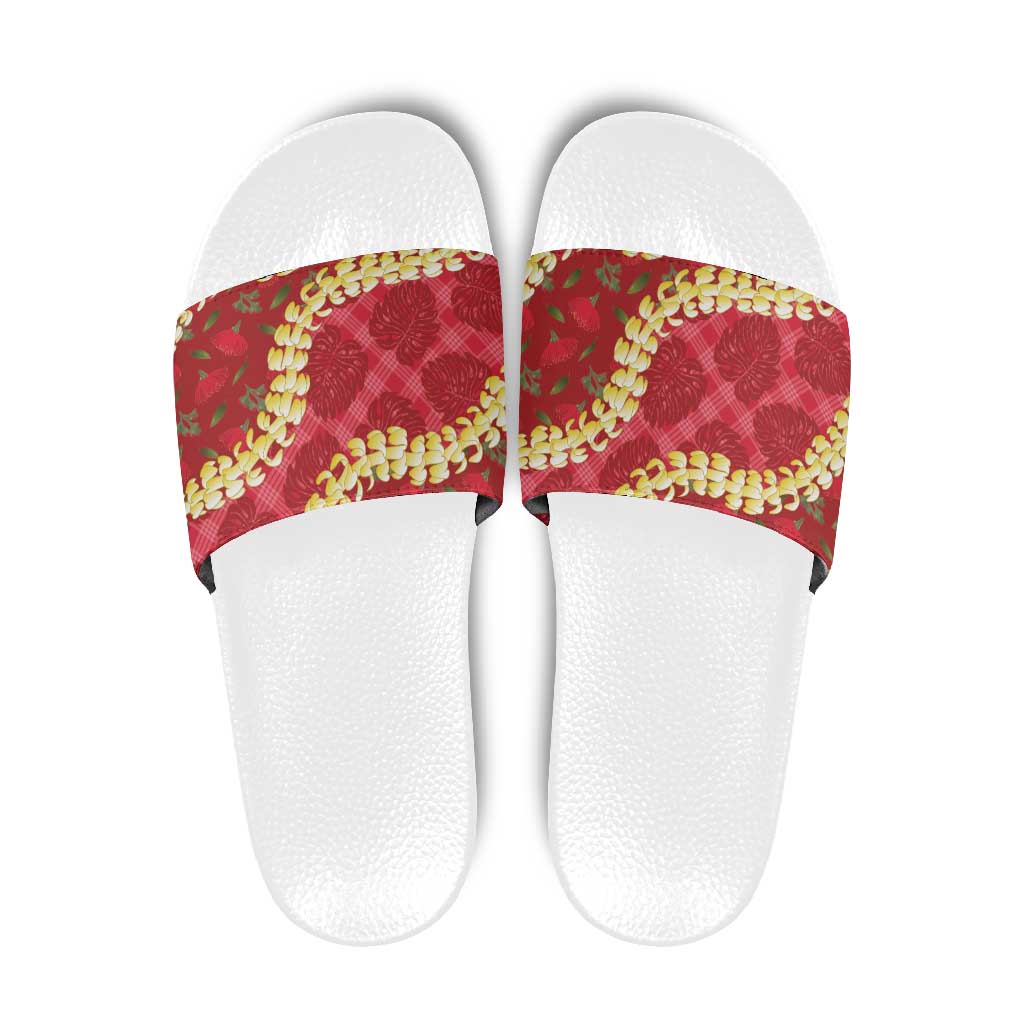 Red Palaka Hawaii Mele Kalikimaka Slide Sandals Ohia Lehua Monstera Puakenikeni Lei - Polynesian Pride