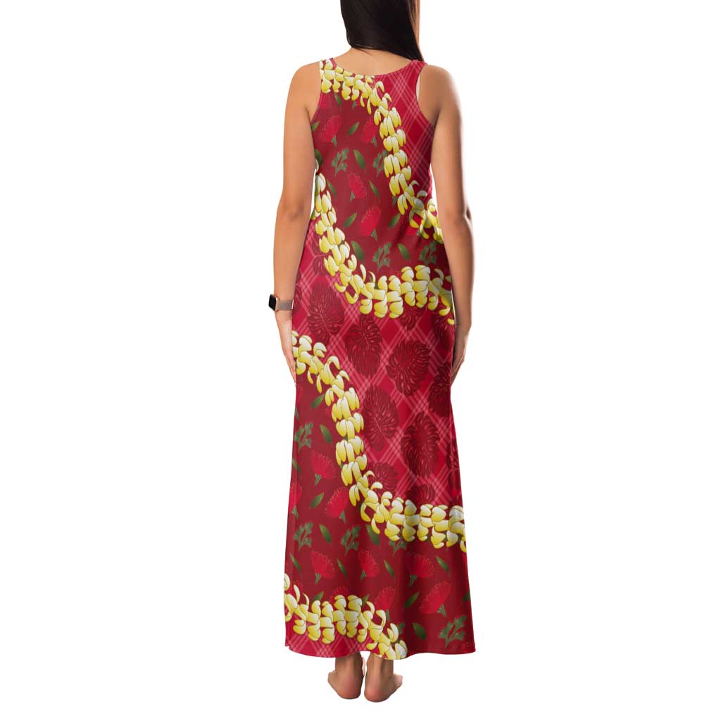 Red Palaka Hawaii Mele Kalikimaka Tank Maxi Dress Ohia Lehua Monstera Puakenikeni Lei - Polynesian Pride