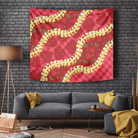 Red Palaka Hawaii Mele Kalikimaka Tapestry Ohia Lehua Monstera Puakenikeni Lei - Polynesian Pride