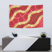 Red Palaka Hawaii Mele Kalikimaka Tapestry Ohia Lehua Monstera Puakenikeni Lei - Polynesian Pride