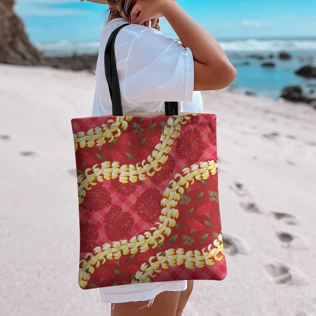 Red Palaka Hawaii Mele Kalikimaka Tote Bag Ohia Lehua Monstera Puakenikeni Lei - Polynesian Pride