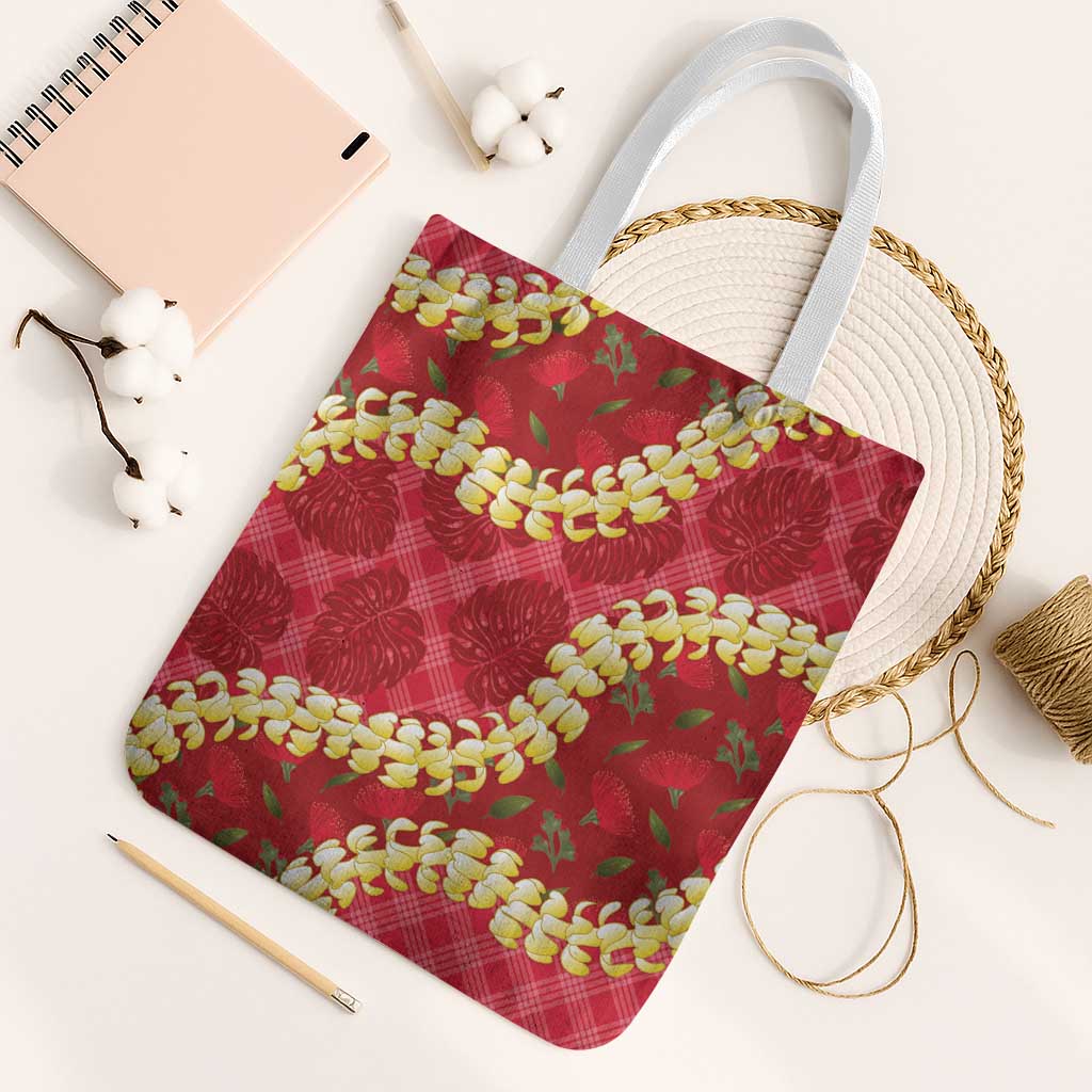 Red Palaka Hawaii Mele Kalikimaka Tote Bag Ohia Lehua Monstera Puakenikeni Lei - Polynesian Pride