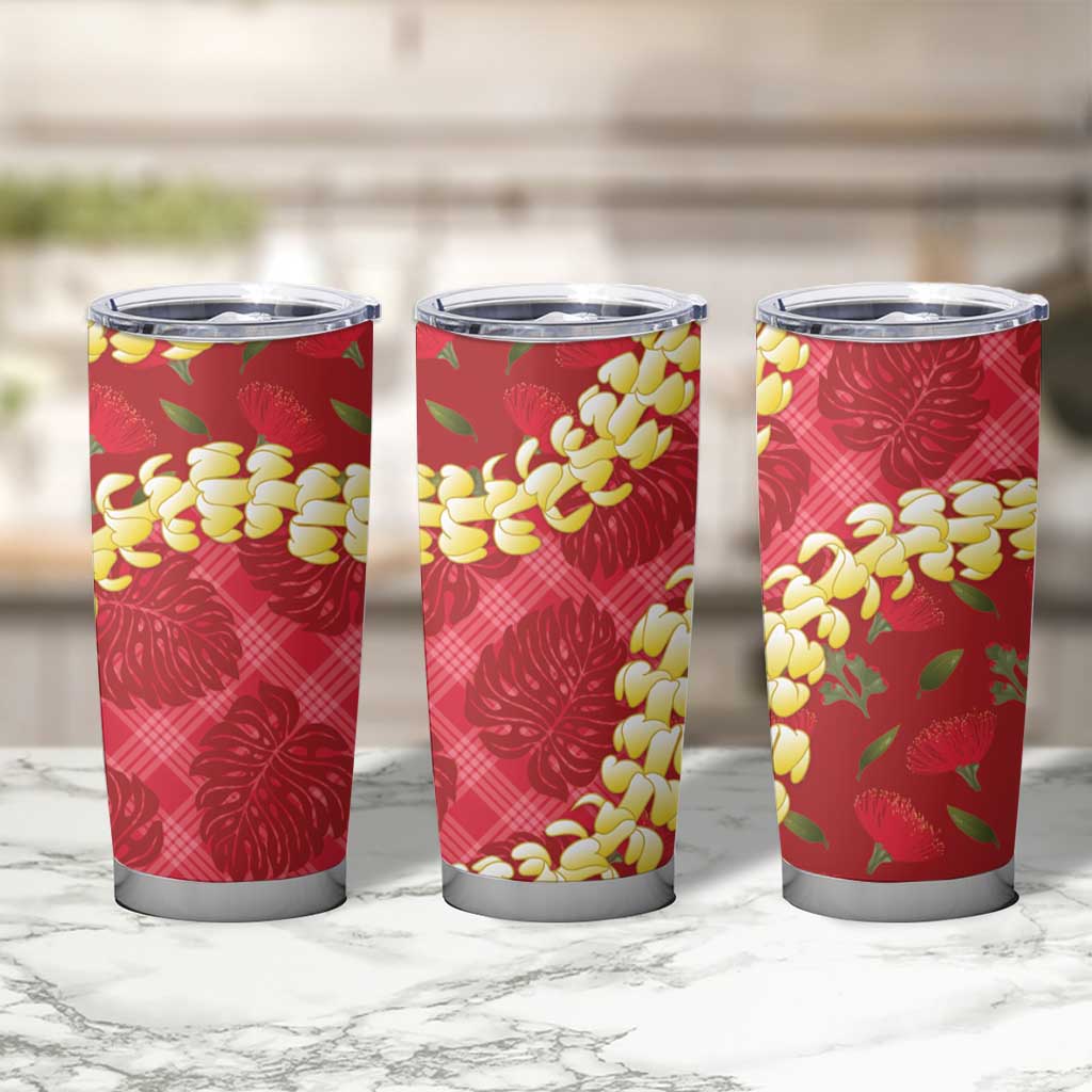 Red Palaka Hawaii Mele Kalikimaka Tumbler Cup Ohia Lehua Monstera Puakenikeni Lei - Polynesian Pride