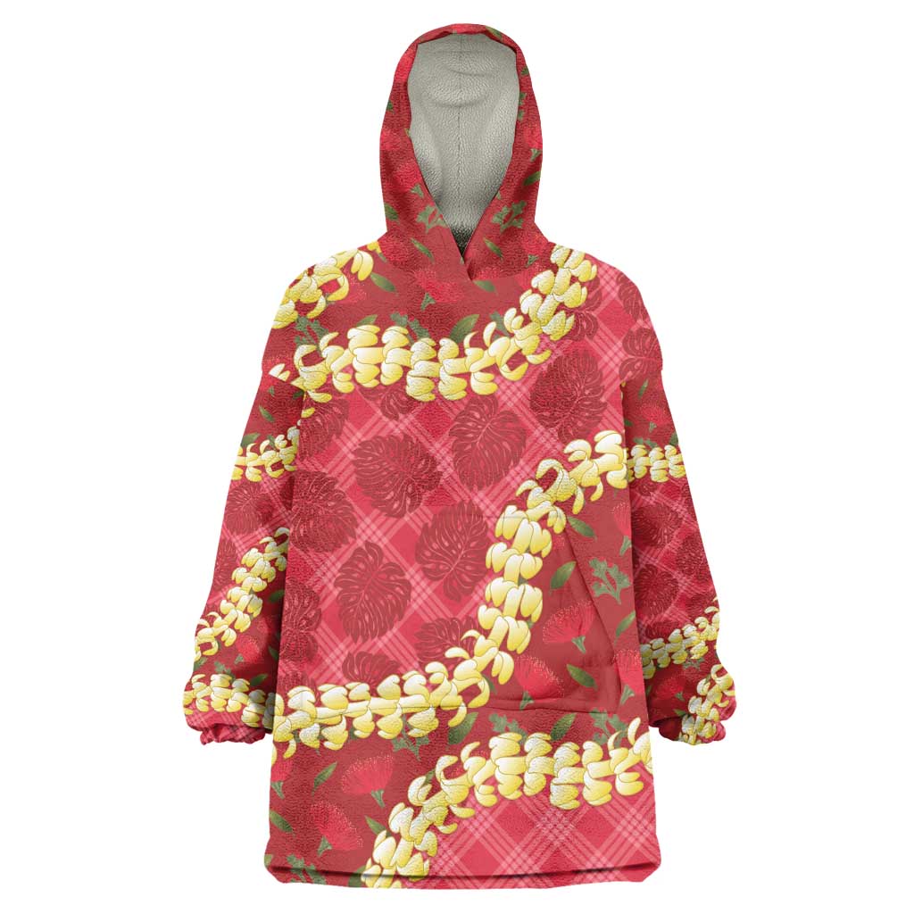 Red Palaka Hawaii Mele Kalikimaka Wearable Blanket Hoodie Ohia Lehua Monstera Puakenikeni Lei - Polynesian Pride