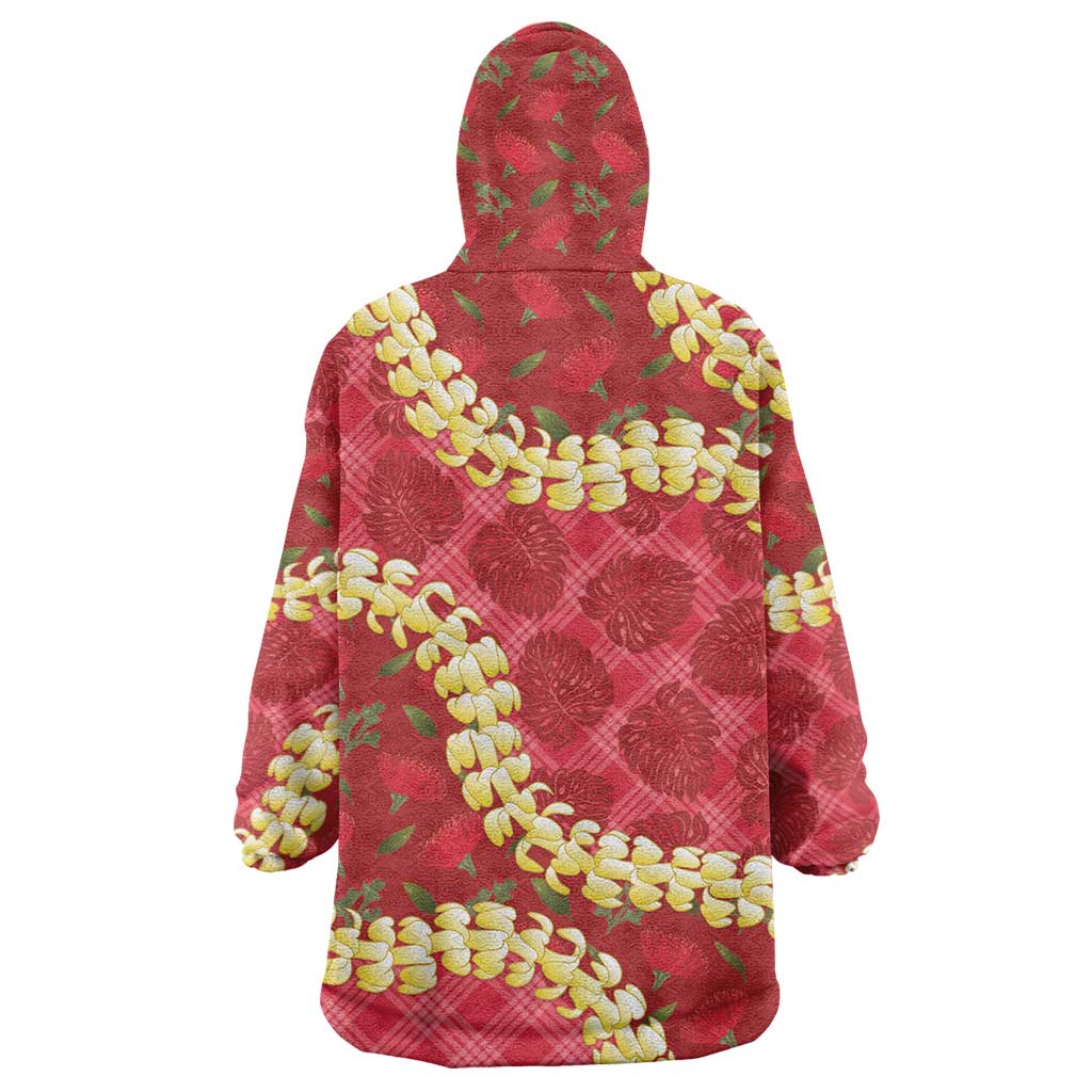 Red Palaka Hawaii Mele Kalikimaka Wearable Blanket Hoodie Ohia Lehua Monstera Puakenikeni Lei - Polynesian Pride