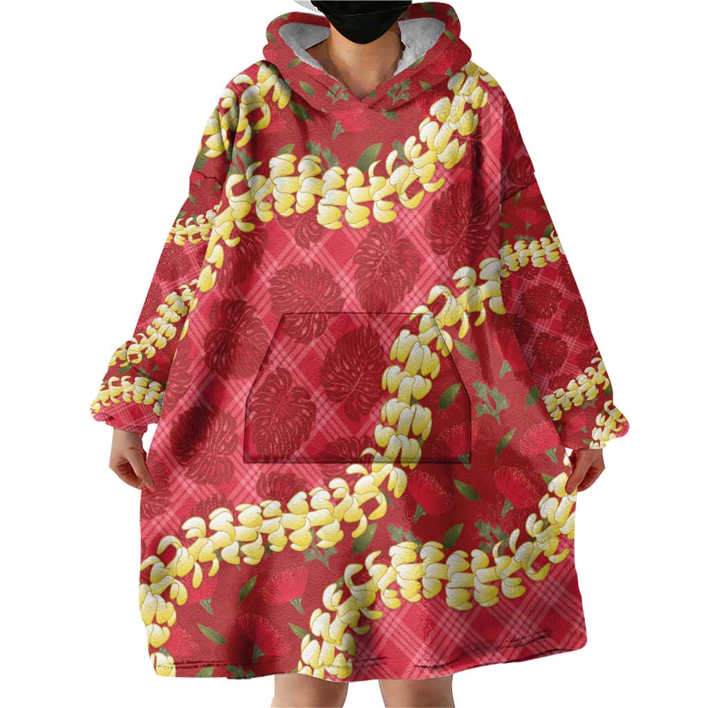 Red Palaka Hawaii Mele Kalikimaka Wearable Blanket Hoodie Ohia Lehua Monstera Puakenikeni Lei - Polynesian Pride
