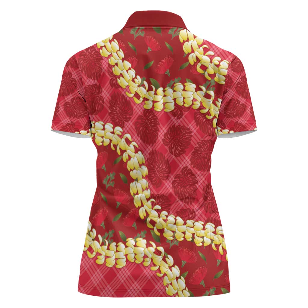Red Palaka Hawaii Mele Kalikimaka Women Polo Shirt Ohia Lehua Monstera Puakenikeni Lei - Polynesian Pride