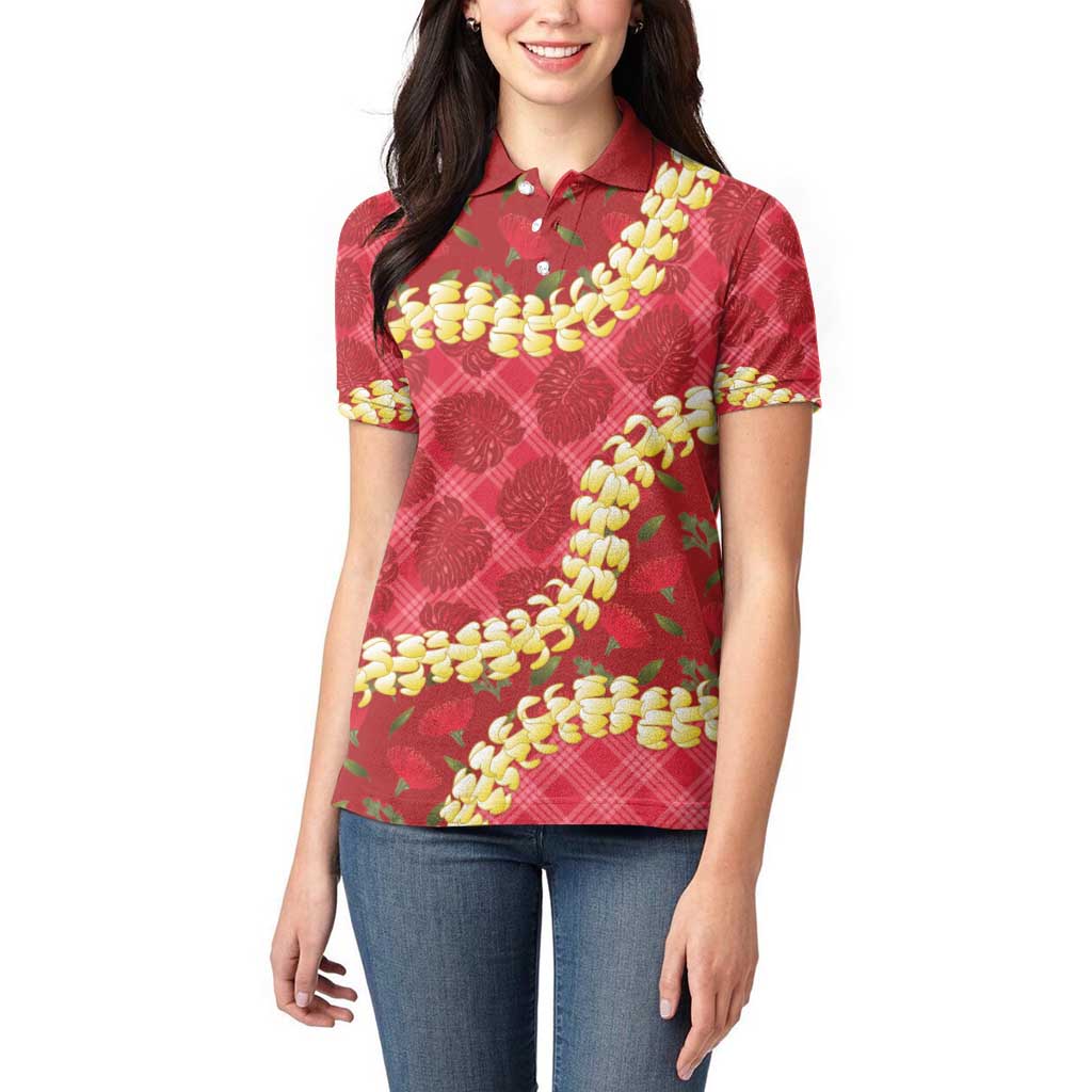 Red Palaka Hawaii Mele Kalikimaka Women Polo Shirt Ohia Lehua Monstera Puakenikeni Lei - Polynesian Pride