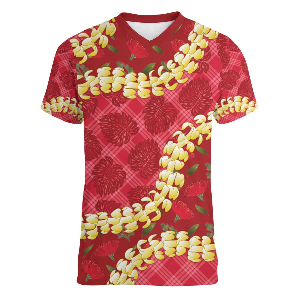 Red Palaka Hawaii Mele Kalikimaka Women V-Neck T-Shirt Ohia Lehua Monstera Puakenikeni Lei - Polynesian Pride