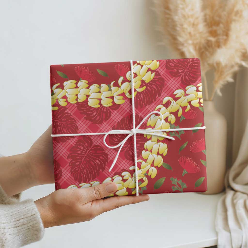 Red Palaka Hawaii Mele Kalikimaka Wrapping Paper Ohia Lehua Monstera Puakenikeni Lei - Polynesian Pride