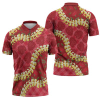 Red Palaka Hawaii Mele Kalikimaka Zipper Polo Shirt Ohia Lehua Monstera Puakenikeni Lei - Polynesian Pride