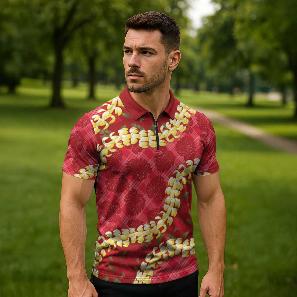 Red Palaka Hawaii Mele Kalikimaka Zipper Polo Shirt Ohia Lehua Monstera Puakenikeni Lei - Polynesian Pride