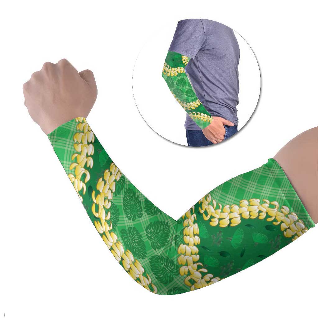 Green Palaka Hawaii Mele Kalikimaka Arm Sleeves Ohia Lehua Monstera Puakenikeni Lei - Polynesian Pride