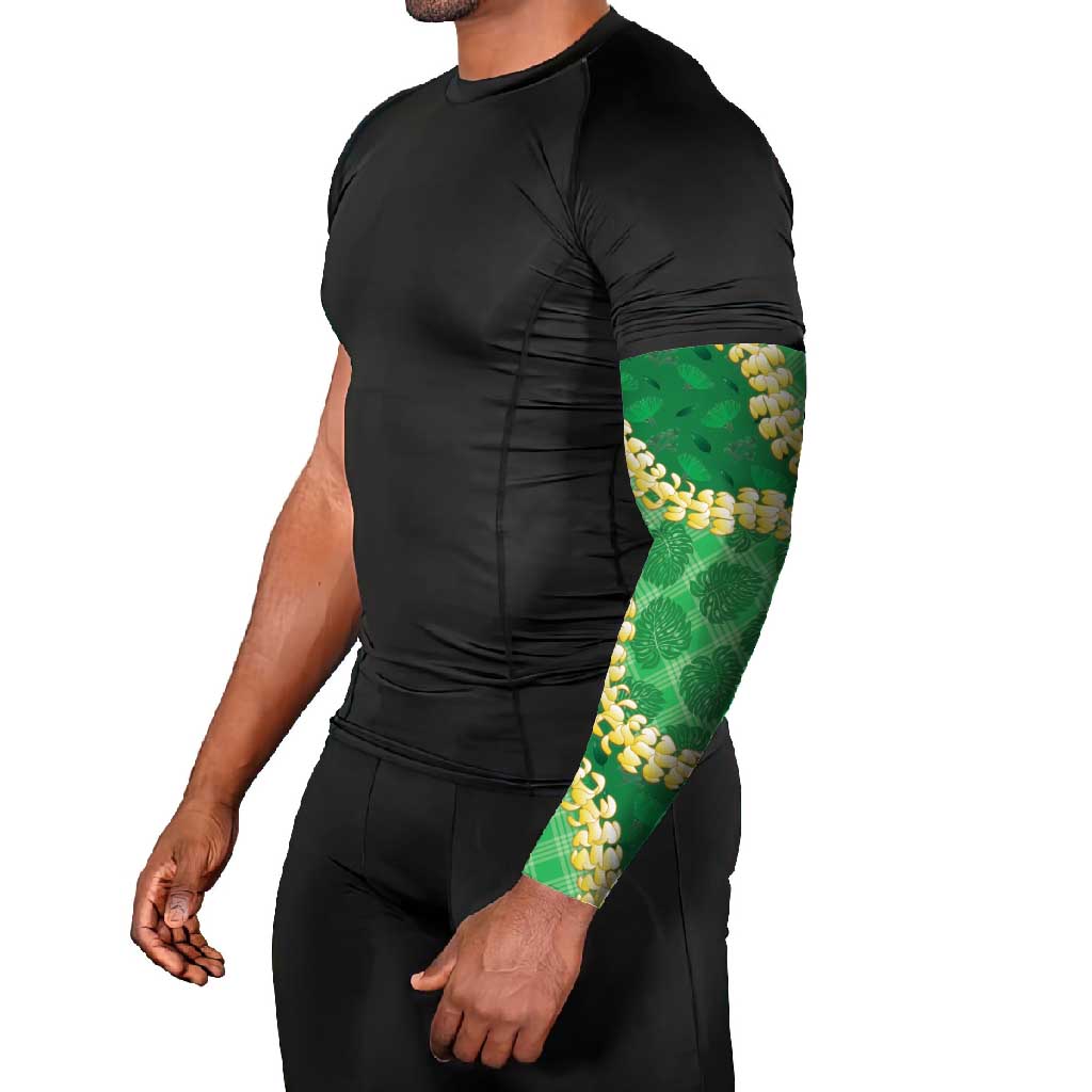 Green Palaka Hawaii Mele Kalikimaka Arm Sleeves Ohia Lehua Monstera Puakenikeni Lei - Polynesian Pride