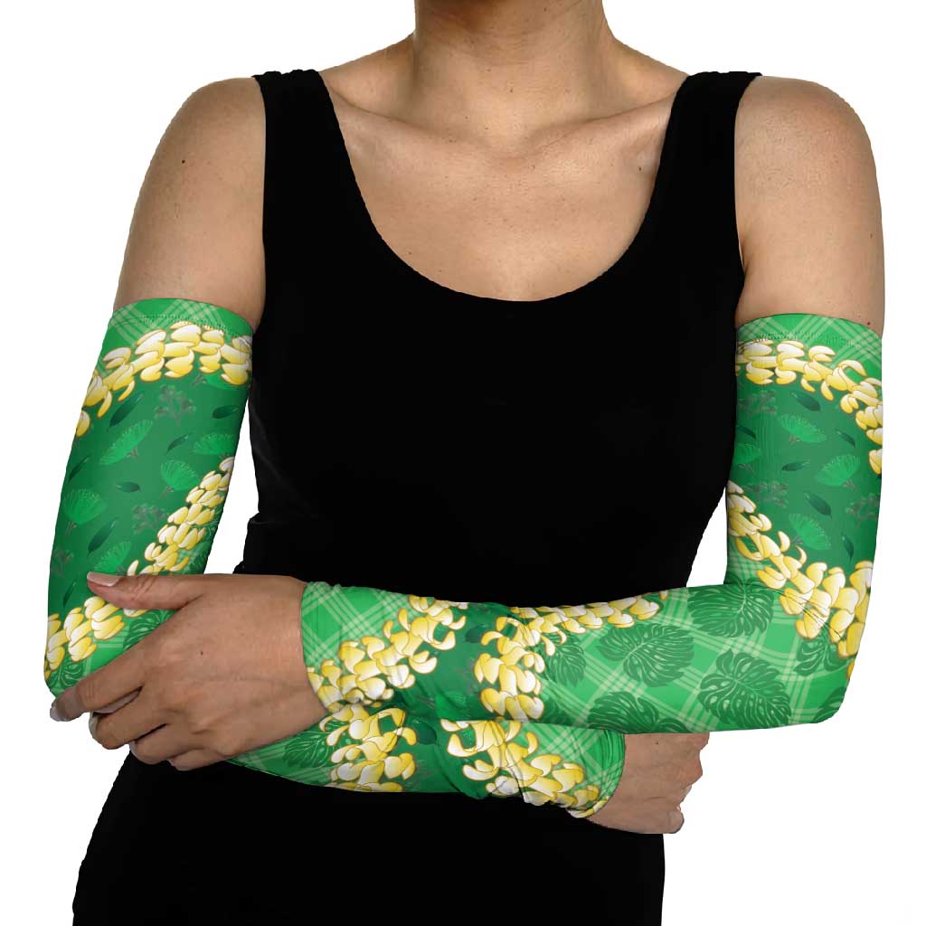 Green Palaka Hawaii Mele Kalikimaka Arm Sleeves Ohia Lehua Monstera Puakenikeni Lei - Polynesian Pride