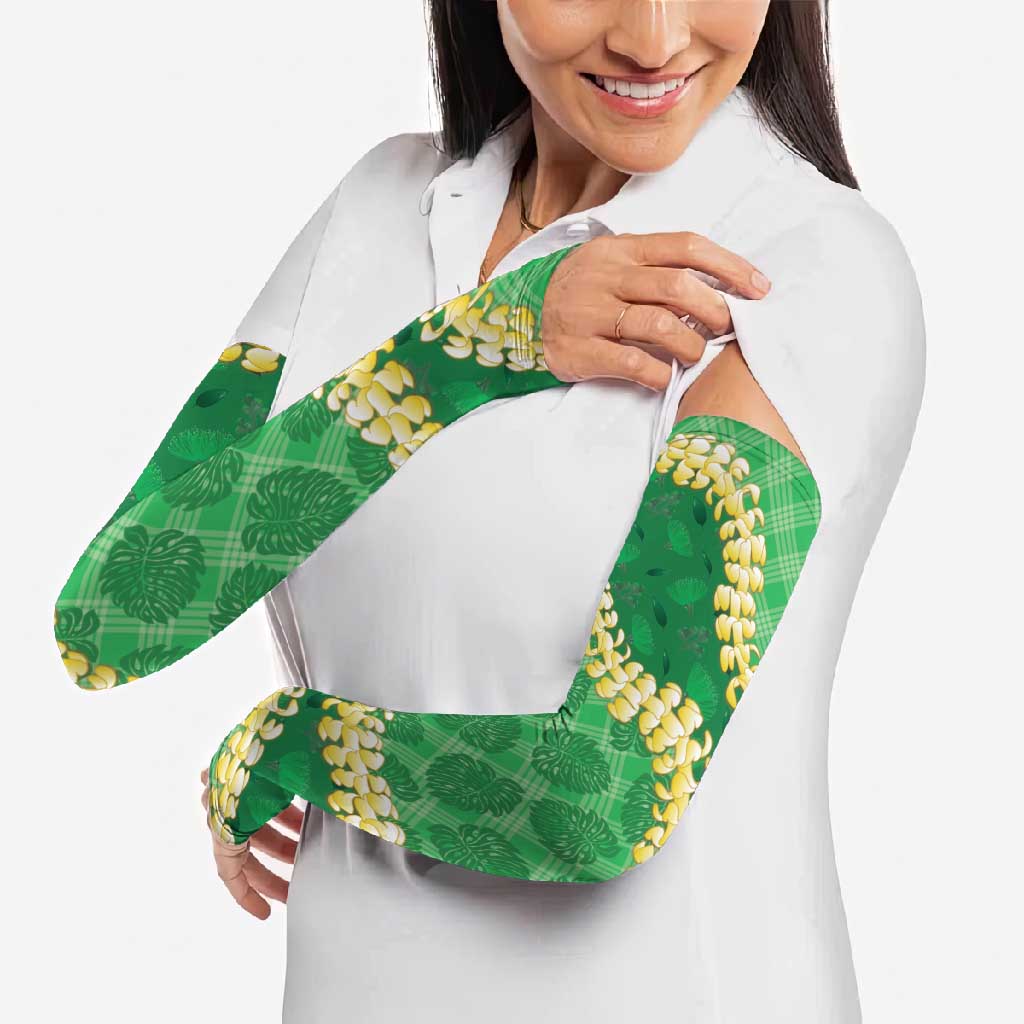 Green Palaka Hawaii Mele Kalikimaka Arm Sleeves Ohia Lehua Monstera Puakenikeni Lei - Polynesian Pride