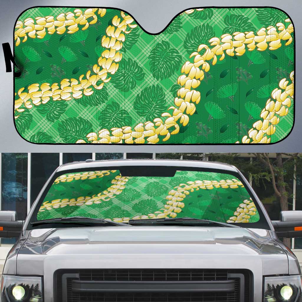 Green Palaka Hawaii Mele Kalikimaka Auto Sun Shade Ohia Lehua Monstera Puakenikeni Lei - Polynesian Pride