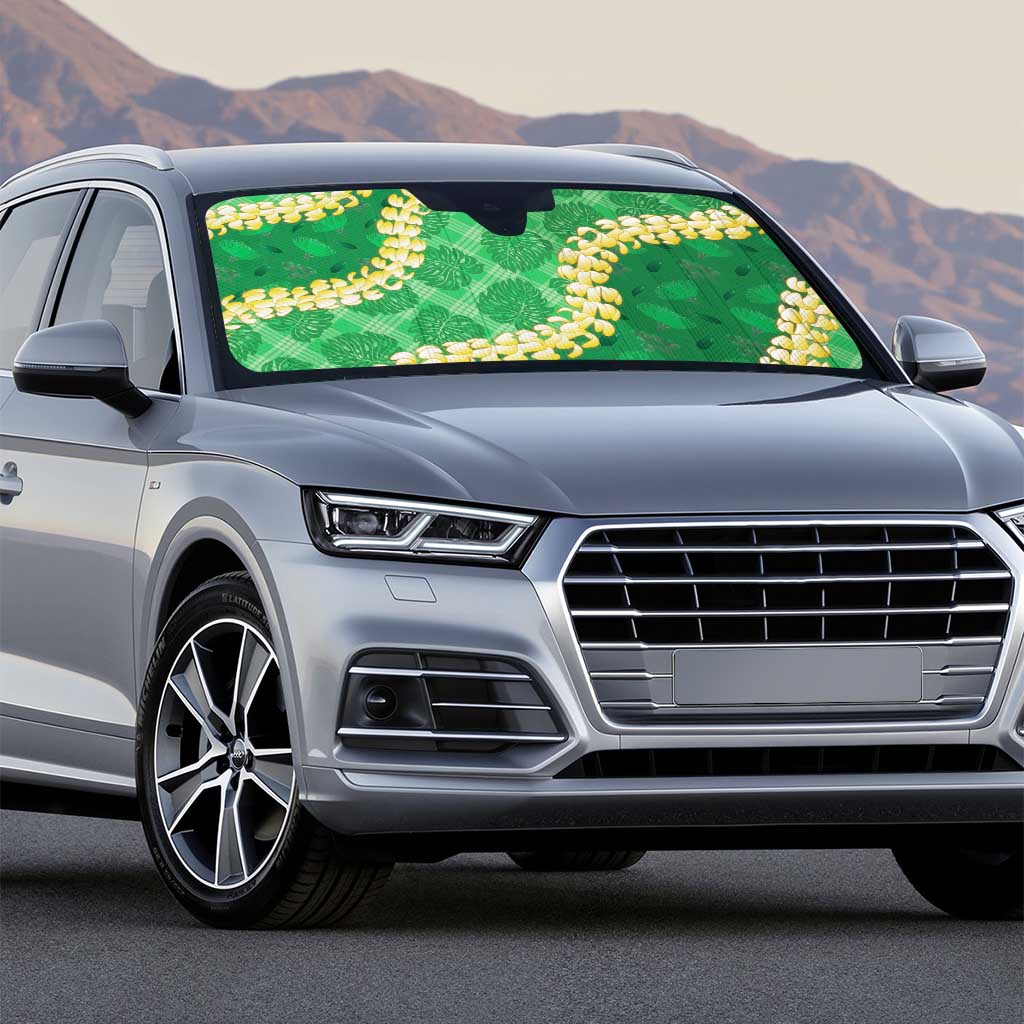 Green Palaka Hawaii Mele Kalikimaka Auto Sun Shade Ohia Lehua Monstera Puakenikeni Lei - Polynesian Pride