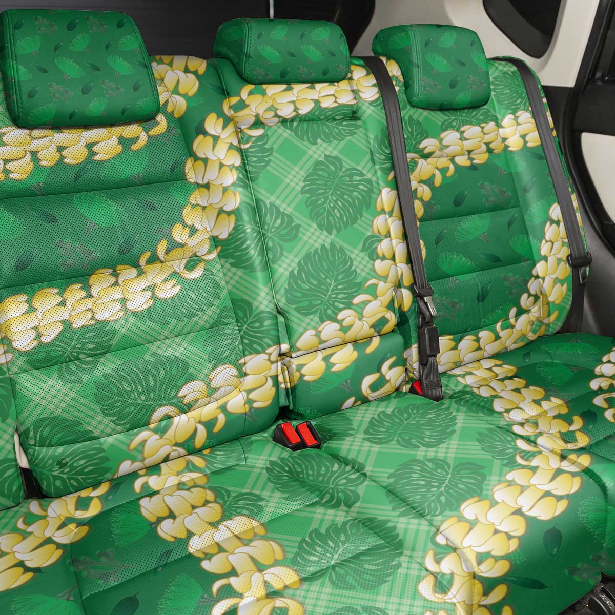 Green Palaka Hawaii Mele Kalikimaka Back Car Seat Cover Ohia Lehua Monstera Puakenikeni Lei - Polynesian Pride