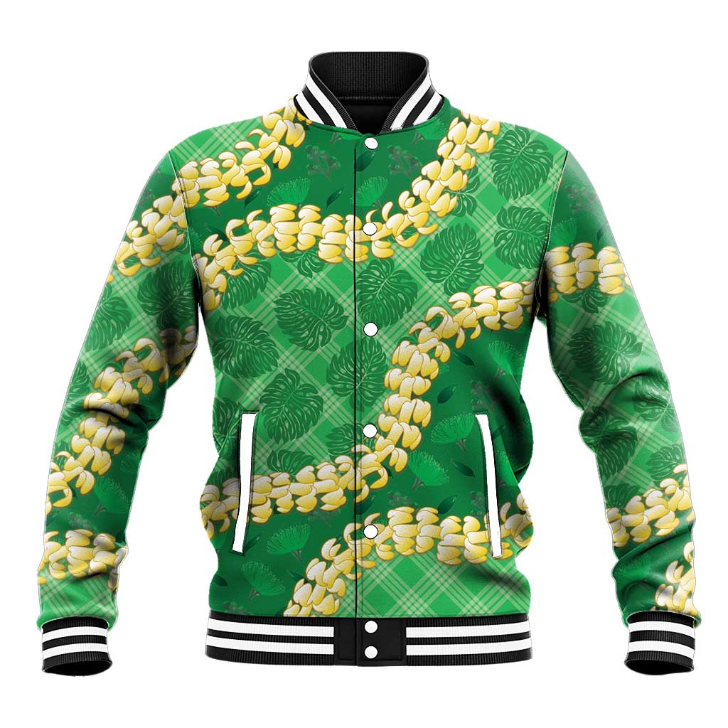 Green Palaka Hawaii Mele Kalikimaka Baseball Jacket Ohia Lehua Monstera Puakenikeni Lei - Polynesian Pride