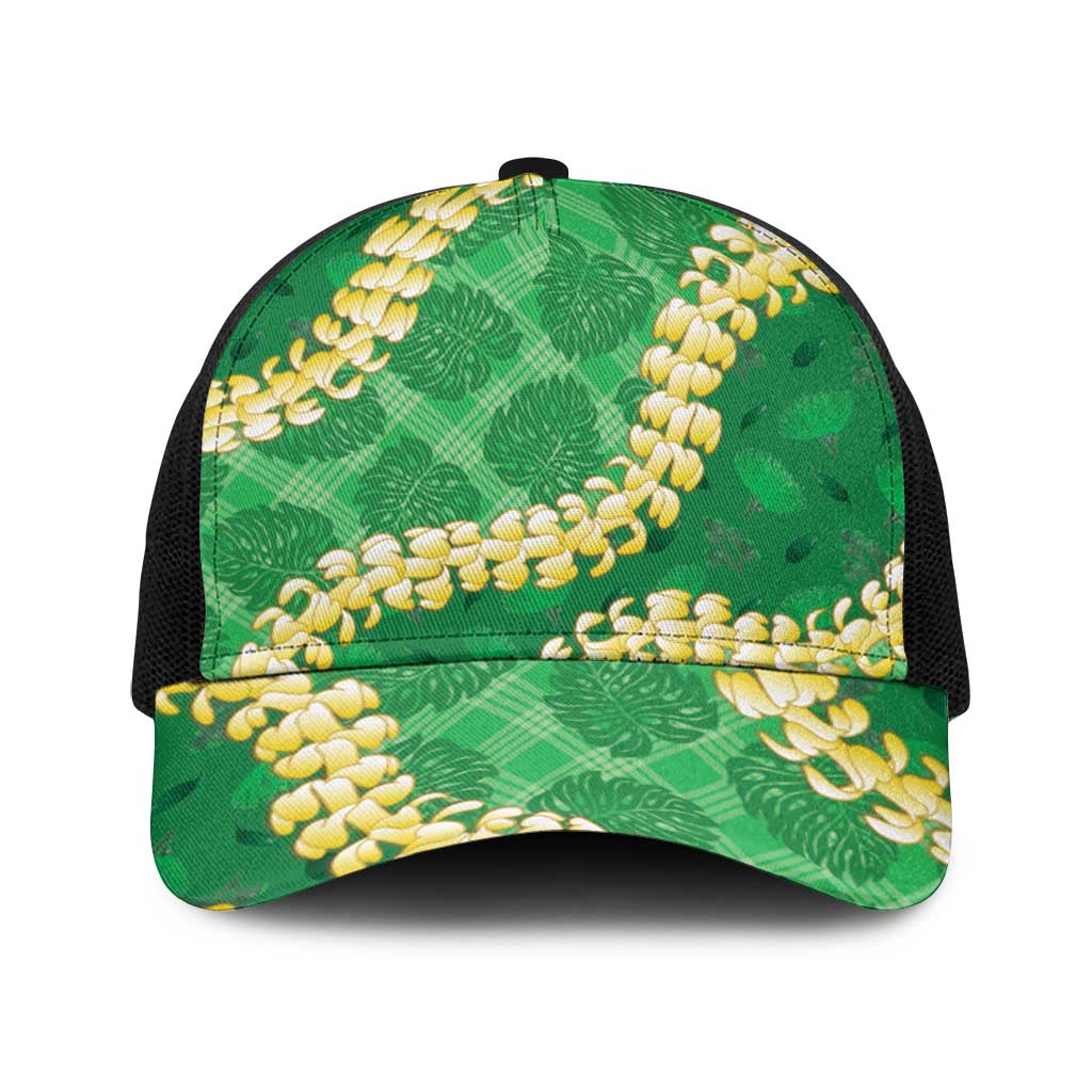 Green Palaka Hawaii Mele Kalikimaka Baseball Net Cap Ohia Lehua Monstera Puakenikeni Lei - Polynesian Pride