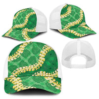 Green Palaka Hawaii Mele Kalikimaka Baseball Net Cap Ohia Lehua Monstera Puakenikeni Lei - Polynesian Pride