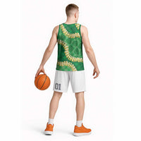 Green Palaka Hawaii Mele Kalikimaka Basketball Jersey Ohia Lehua Monstera Puakenikeni Lei - Polynesian Pride