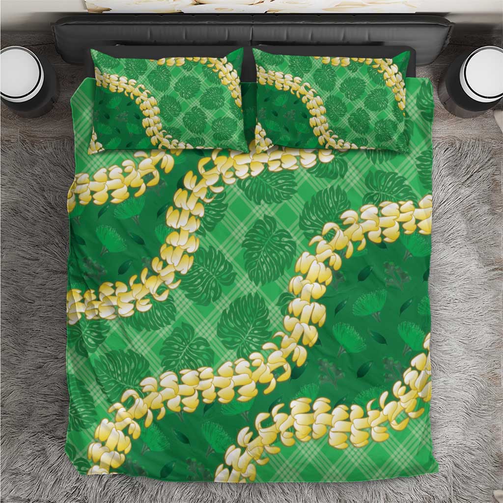 Green Palaka Hawaii Mele Kalikimaka Bedding Set Ohia Lehua Monstera Puakenikeni Lei - Polynesian Pride