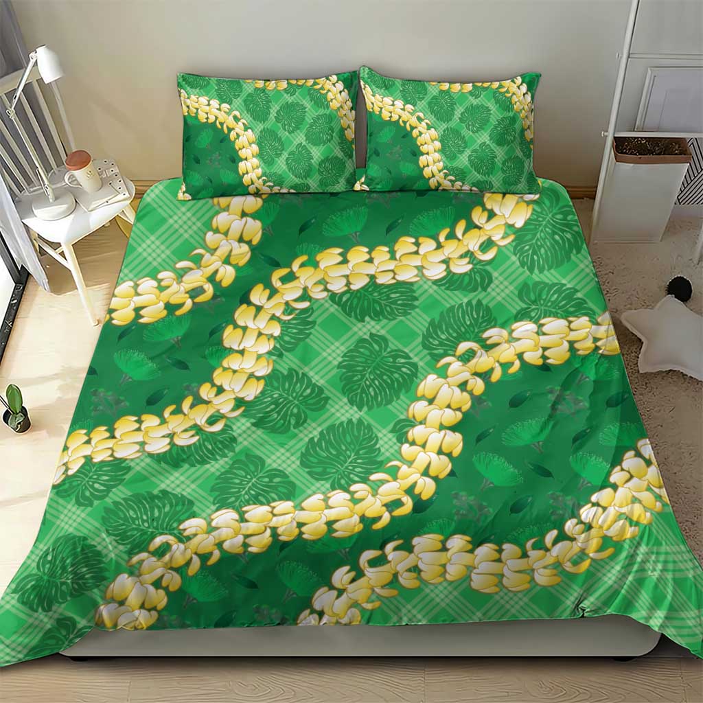 Green Palaka Hawaii Mele Kalikimaka Bedding Set Ohia Lehua Monstera Puakenikeni Lei - Polynesian Pride