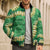 Green Palaka Hawaii Mele Kalikimaka Bomber Puffer Jacket Ohia Lehua Monstera Puakenikeni Lei - Polynesian Pride