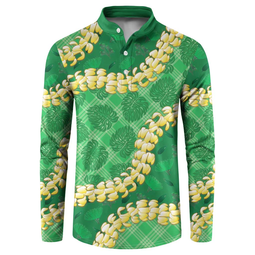 Green Palaka Hawaii Mele Kalikimaka Button Sweatshirt Ohia Lehua Monstera Puakenikeni Lei - Polynesian Pride
