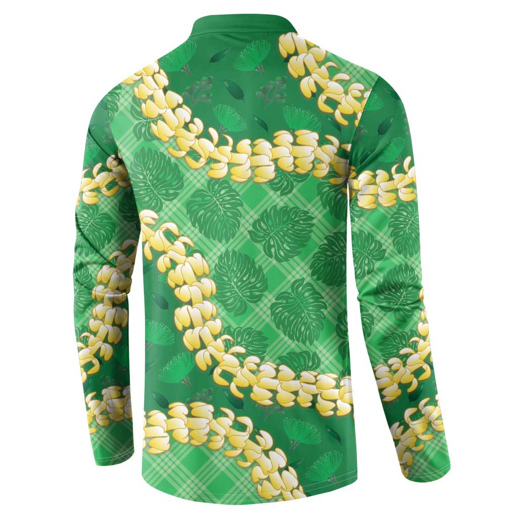 Green Palaka Hawaii Mele Kalikimaka Button Sweatshirt Ohia Lehua Monstera Puakenikeni Lei - Polynesian Pride