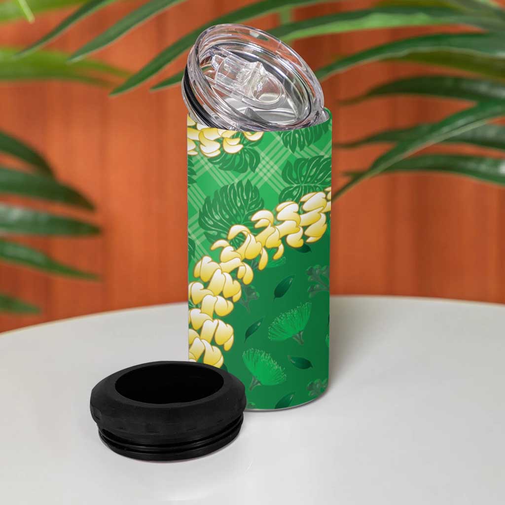 Green Palaka Hawaii Mele Kalikimaka 4 in 1 Can Cooler Tumbler Ohia Lehua Monstera Puakenikeni Lei - Polynesian Pride