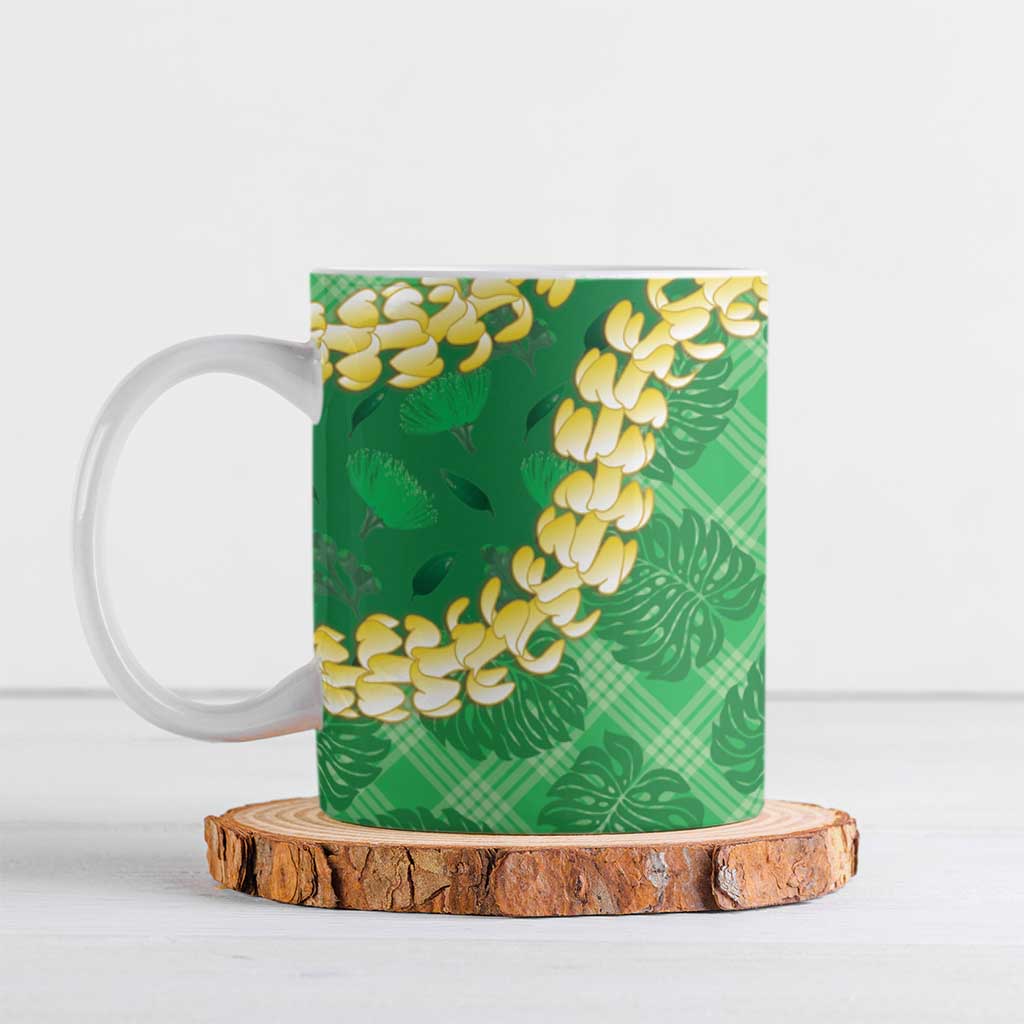Green Palaka Hawaii Mele Kalikimaka Ceramic Mug Ohia Lehua Monstera Puakenikeni Lei - Polynesian Pride